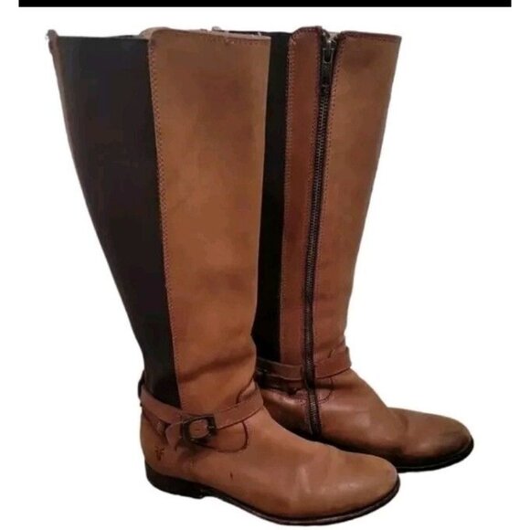 Frye vintage tan leather women's Tall Stretch boots made in Mexico